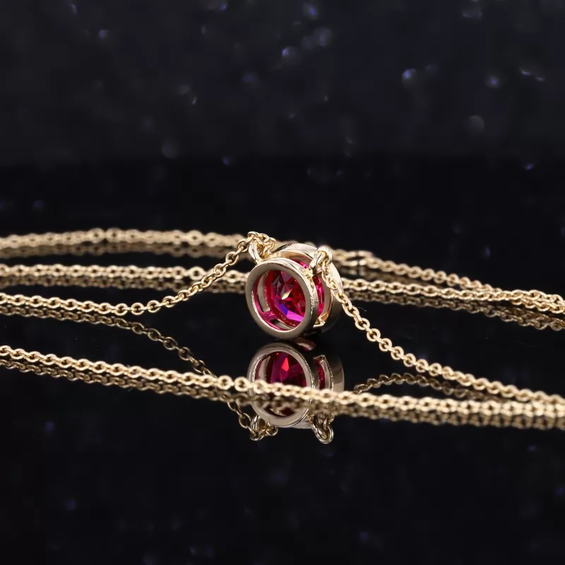 6.5mm Round Brilliant Cut Lab Grown Ruby Bezel Set 14K Yellow Gold Diamond Pendant Necklace