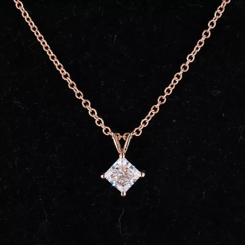 7×7mm Princess Cut Moissanite 14K Rose Gold Diamond Pendant Necklace