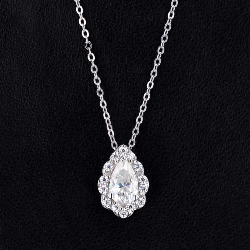 Pear Cut Moissanite Halo Set S925 Sterling Silver Diamond Pendant Necklace