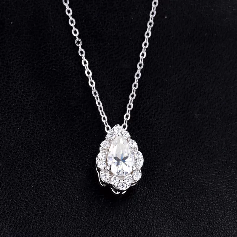 Pear Cut Moissanite Halo Set S925 Sterling Silver Diamond Pendant Necklace