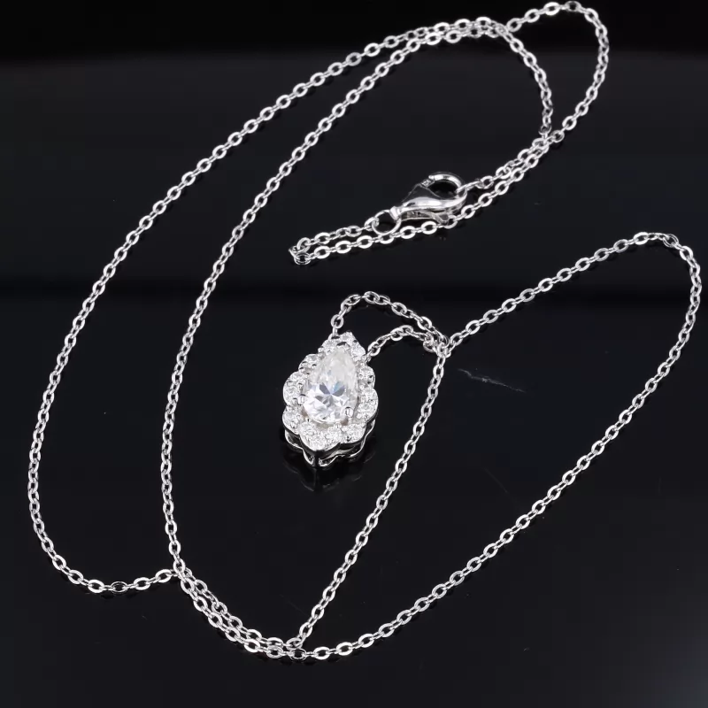 Pear Cut Moissanite Halo Set S925 Sterling Silver Diamond Pendant Necklace
