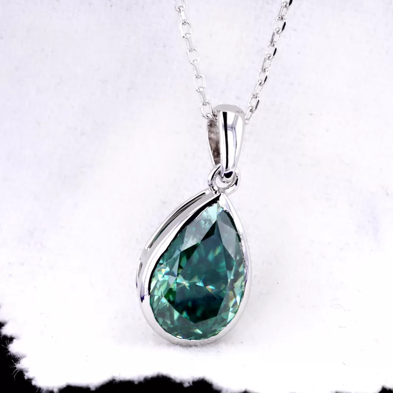 Pear Cut Green Moissanite Bezel Set S925 Sterling Silver Diamond Pendant Necklace