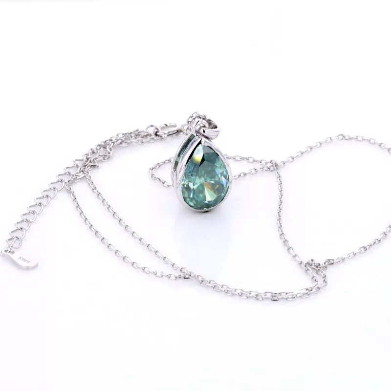 Pear Cut Green Moissanite Bezel Set S925 Sterling Silver Diamond Pendant Necklace
