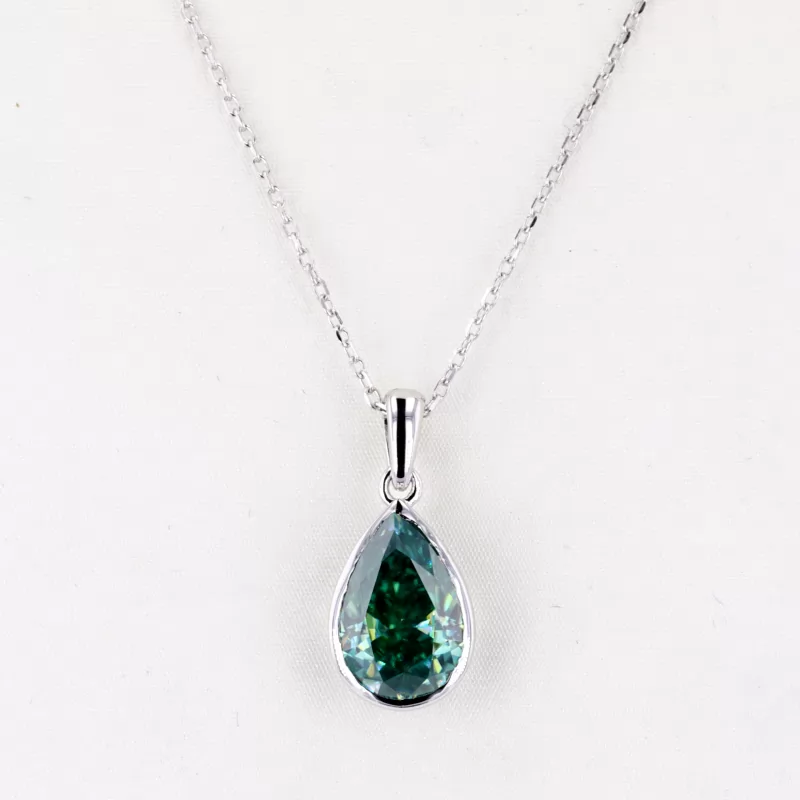 Pear Cut Green Moissanite Bezel Set S925 Sterling Silver Diamond Pendant Necklace