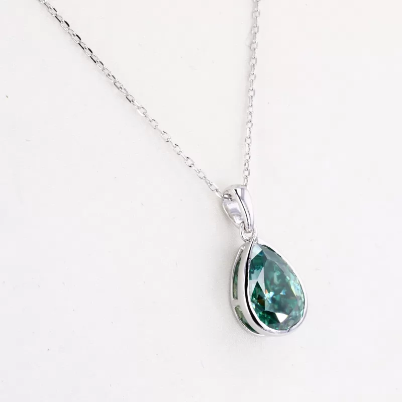 Pear Cut Green Moissanite Bezel Set S925 Sterling Silver Diamond Pendant Necklace