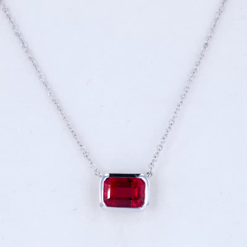 Octagon Emerald Cut Lab Grown Ruby Bezel Set 14K White Gold Diamond Pendant Necklace