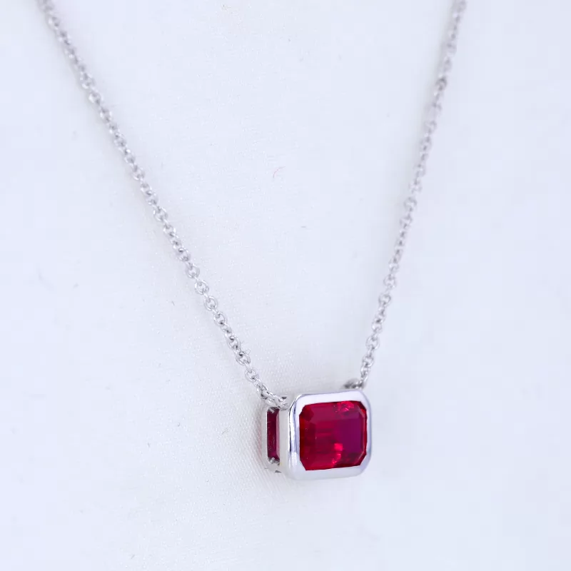 Octagon Emerald Cut Lab Grown Ruby Bezel Set 14K White Gold Diamond Pendant Necklace