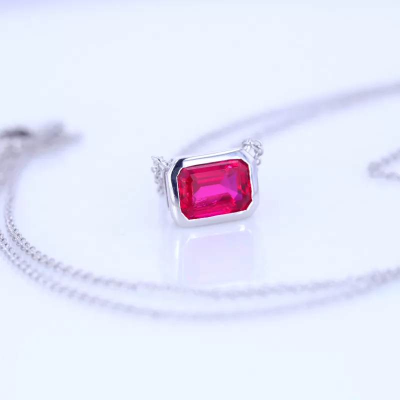 Octagon Emerald Cut Lab Grown Ruby Bezel Set 14K White Gold Diamond Pendant Necklace