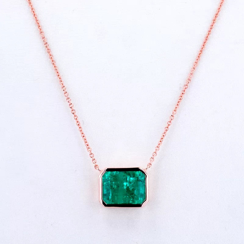 7×9mm Octagon Emerald Cut Lab Grown Emerald Bezel Set 14K Rose Gold Diamond Pendant Necklace