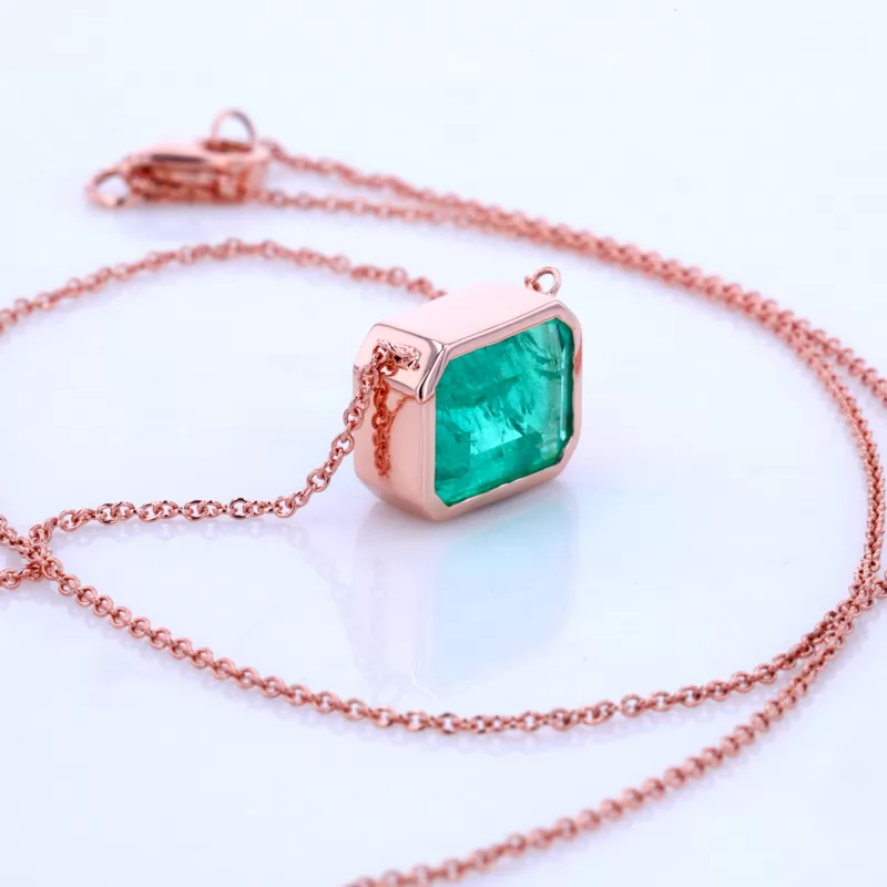 7×9mm Octagon Emerald Cut Lab Grown Emerald Bezel Set 14K Rose Gold Diamond Pendant Necklace