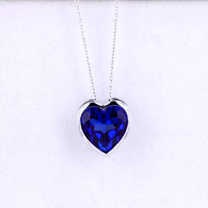 Heart Cut Lab Grown Sapphire Bezel Set S925 Sterling Silver Diamond Pendant Necklace