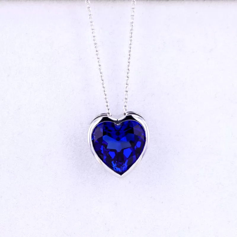 12×12mm Heart Cut Lab Grown Sapphire Bezel Set S925 Sterling Silver Diamond Pendant Necklace