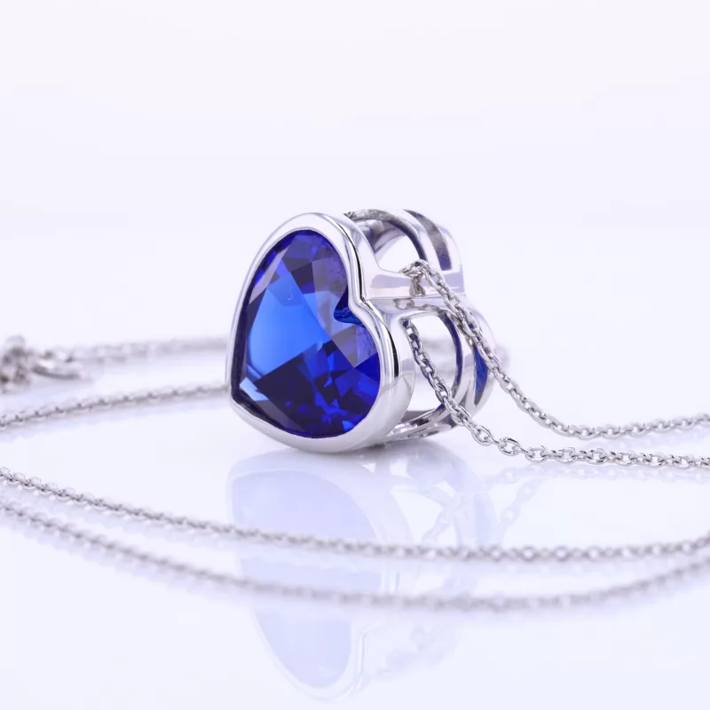 12×12mm Heart Cut Lab Grown Sapphire Bezel Set S925 Sterling Silver Diamond Pendant Necklace