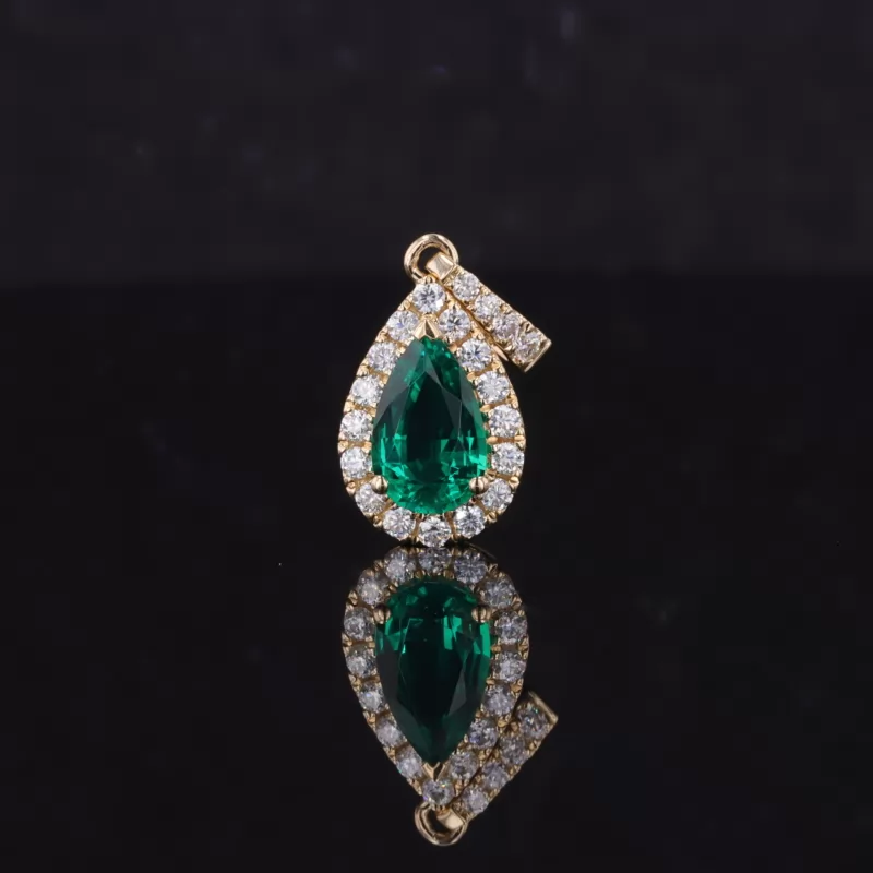 5×8mm Pear Cut Lab Grown Emerald Halo Set 14K Gold Diamond Pendant