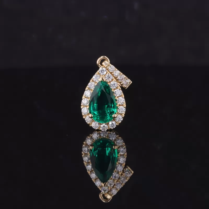 5×8mm Pear Cut Lab Grown Emerald Halo Set 14K Yellow Gold Diamond Pendant