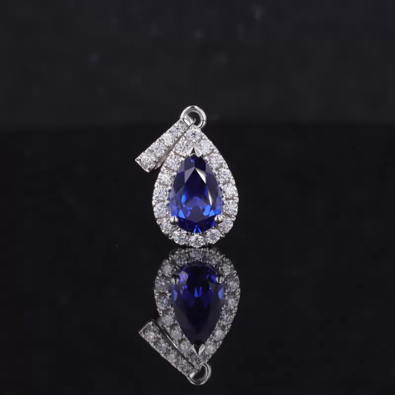 5×8mm Pear Cut Lab Grown Sapphire Halo Set 14K White Gold Diamond Pendant