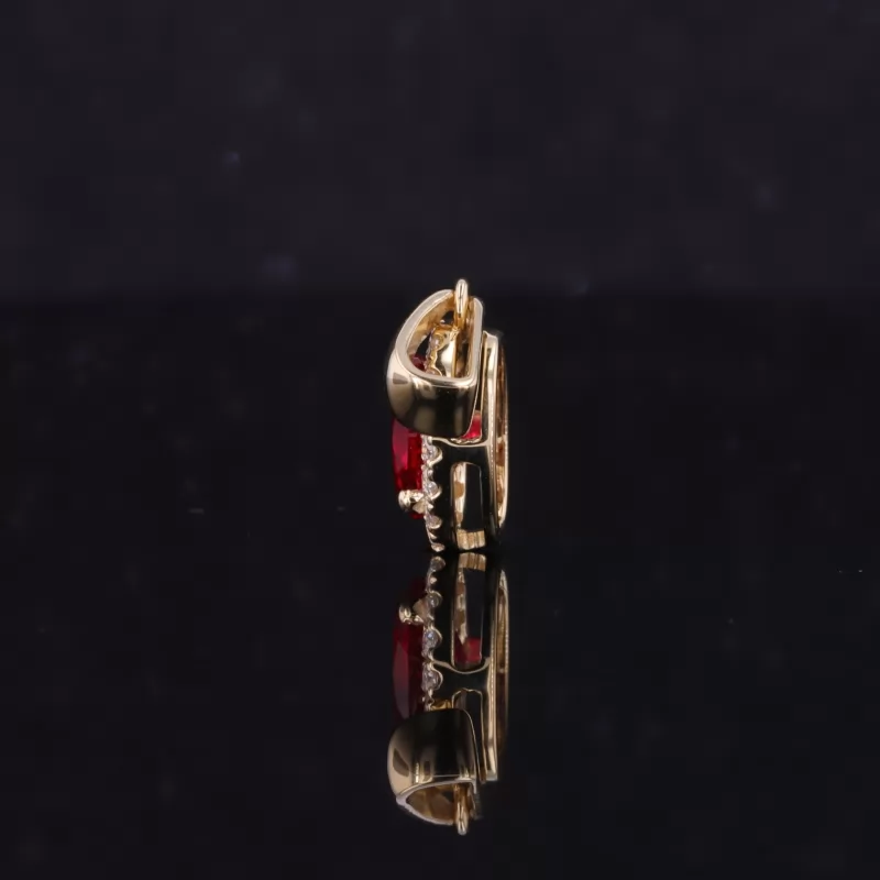 5×7mm Oval Cut Lab Grown Ruby Halo Set 14K Gold Diamond Pendant