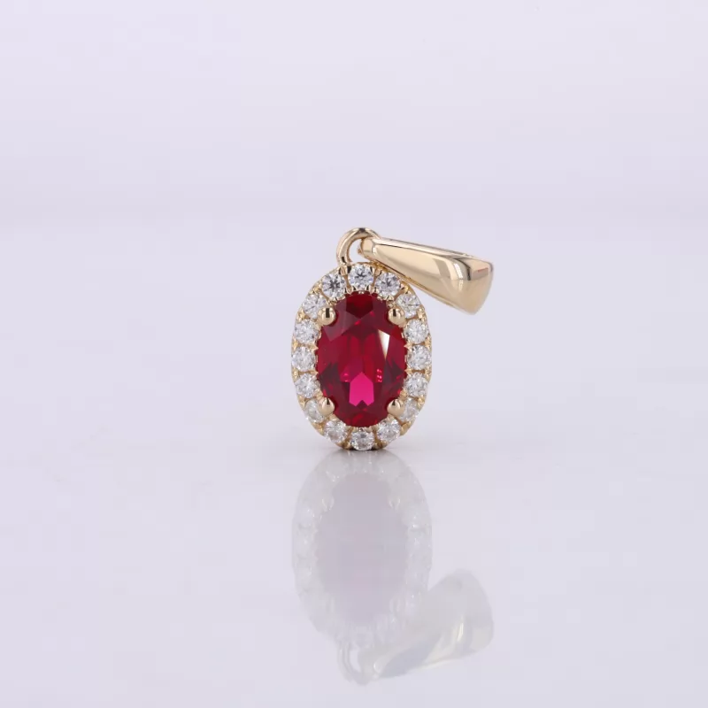 5×7mm Oval Cut Lab Grown Ruby Halo Set 14K Yellow Gold Diamond Pendant