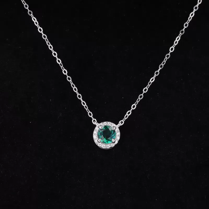 5mm Round Brilliant Cut Lab Grown Emerald Halo Set S925 Sterling Silver Diamond Pendant Necklace