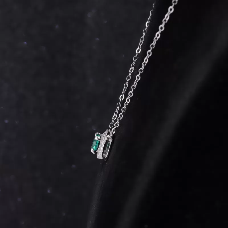 5mm Round Brilliant Cut Lab Grown Emerald Halo Set S925 Sterling Silver Diamond Pendant Necklace