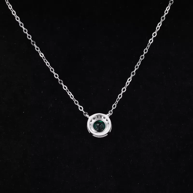 5mm Round Brilliant Cut Lab Grown Emerald Halo Set S925 Sterling Silver Diamond Pendant Necklace