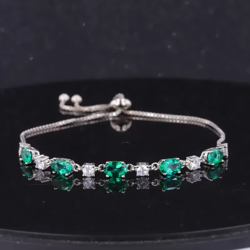 4×6mm Oval Cut Lab Grown Emerald and 3mm Round Brilliant Cut Moissanite S925 Sterling Silver Diamond Bracelet