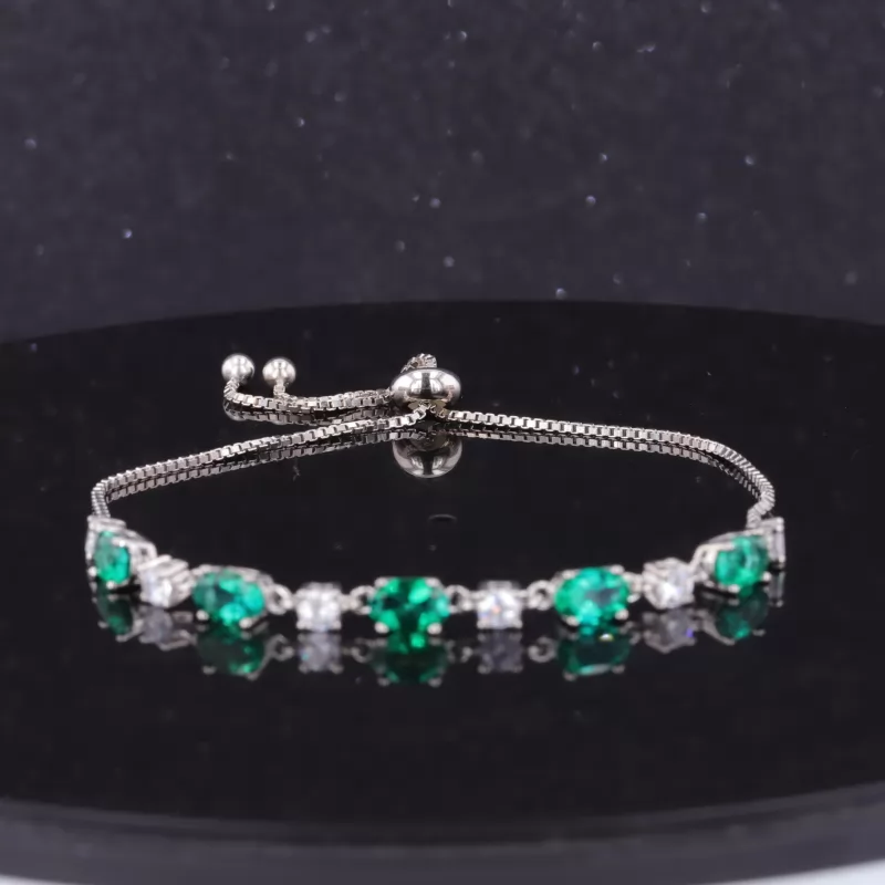 4×6mm Oval Cut Lab Grown Emerald and 3mm Round Brilliant Cut Moissanite S925 Sterling Silver Diamond Bracelet