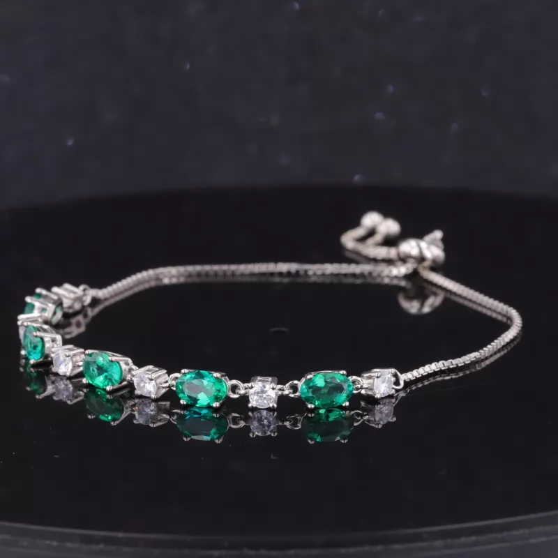 4×6mm Oval Cut Lab Grown Emerald and 3mm Round Brilliant Cut Moissanite S925 Sterling Silver Diamond Bracelet