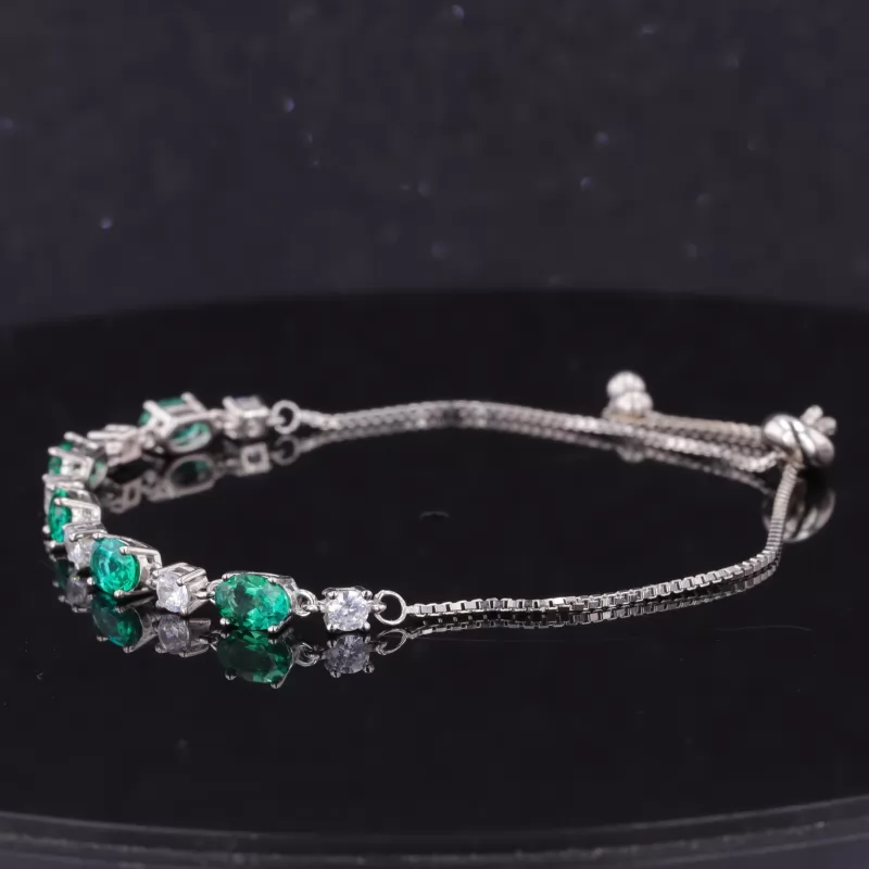 4×6mm Oval Cut Lab Grown Emerald and 3mm Round Brilliant Cut Moissanite S925 Sterling Silver Diamond Bracelet