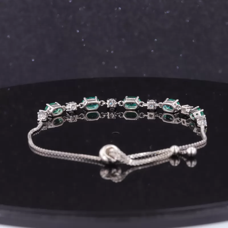 4×6mm Oval Cut Lab Grown Emerald and 3mm Round Brilliant Cut Moissanite S925 Sterling Silver Diamond Bracelet