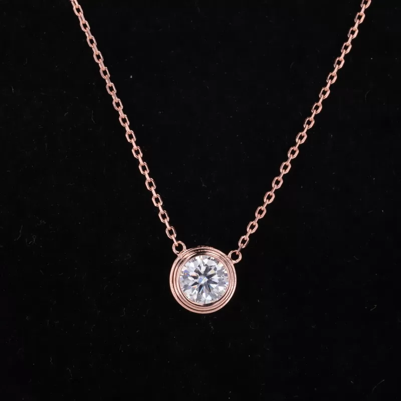 6.5mm Round Brilliant Cut Moissanite Bezel Set 14K Rose Gold Diamond Pendant Necklace