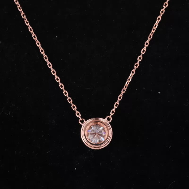 6.5mm Round Brilliant Cut Moissanite Bezel Set 14K Rose Gold Diamond Pendant Necklace