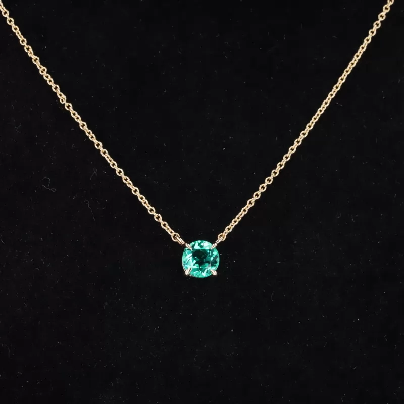 5mm Round Brilliant Cut Lab Grown Emerald 10K Gold Diamond Pendant Necklace