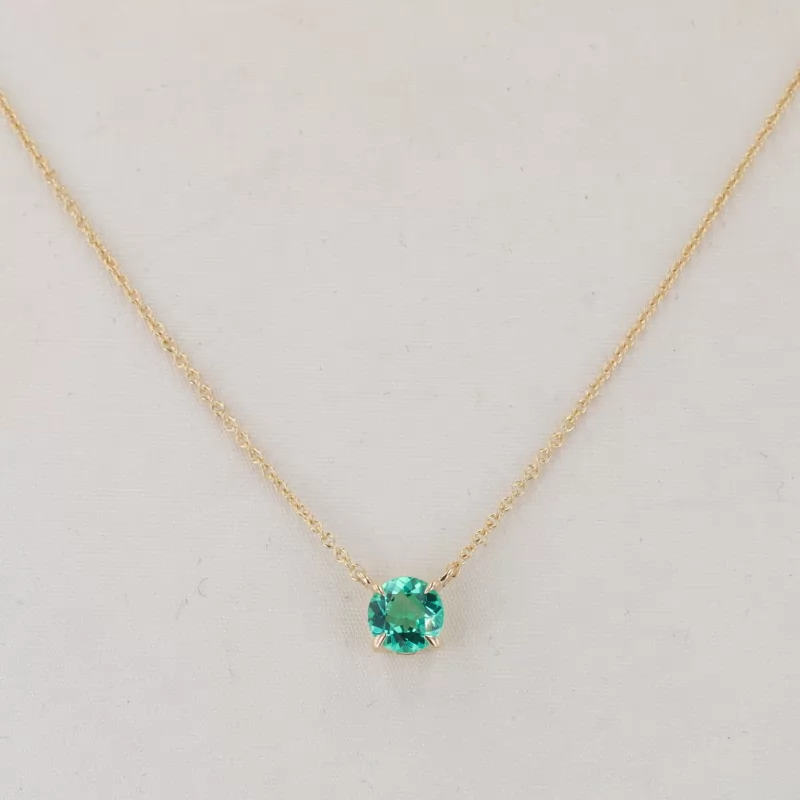 5mm Round Brilliant Cut Lab Grown Emerald 10K Yellow Gold Diamond Pendant Necklace