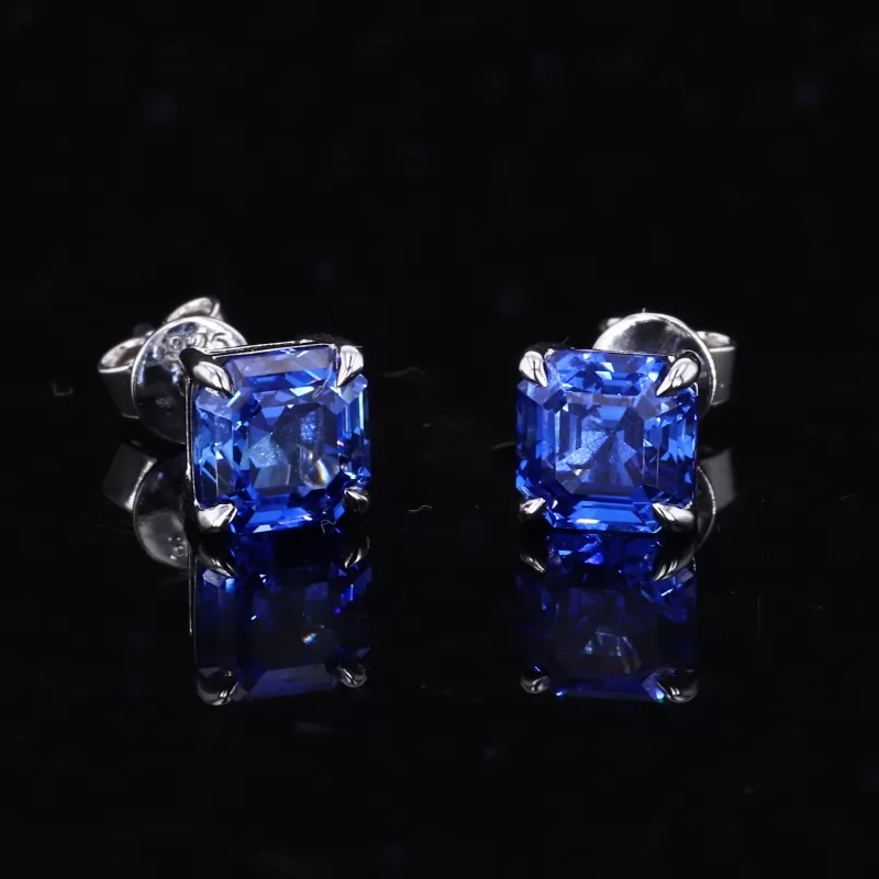 6×6mm Asscher Cut Lab Grown Sapphire S925 Sterling Silver Diamond Stud Earrings