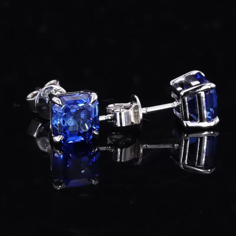 6×6mm Asscher Cut Lab Grown Sapphire S925 Sterling Silver Diamond Stud Earrings