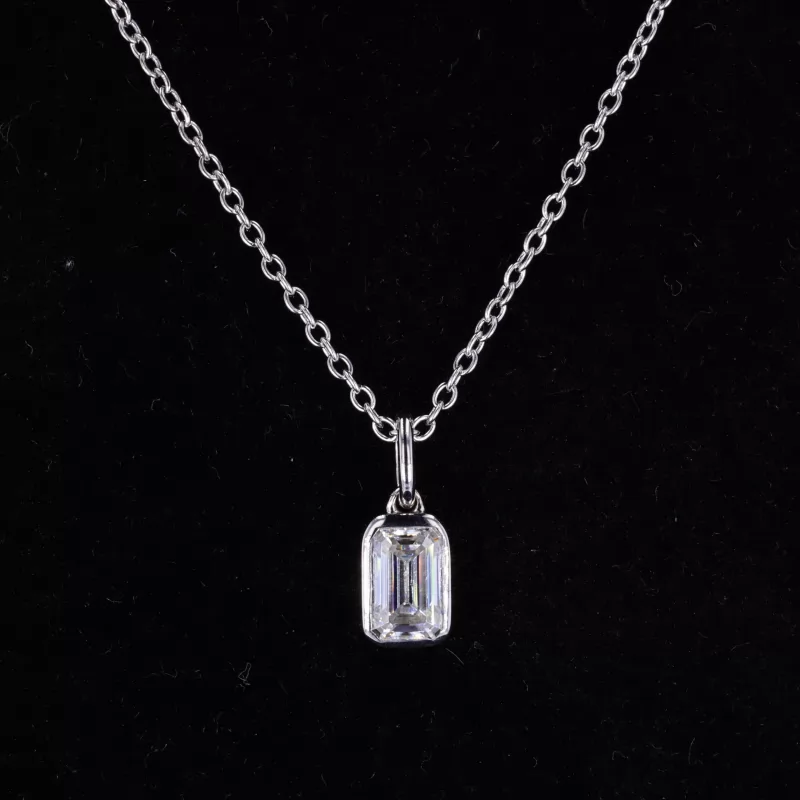 Octagon Emerald Cut Moissanite Bezel Set S925 Sterling Silver Diamond Pendant Necklace