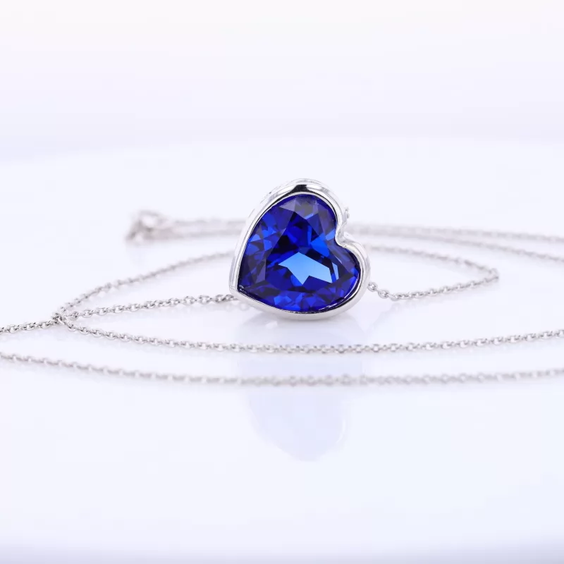 Heart Cut Lab Grown Sapphire Bezel Set S925 Sterling Silver Diamond Pendant Necklace