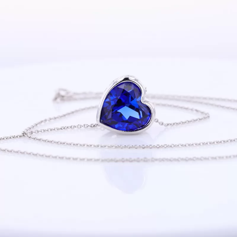 12×12mm Heart Cut Lab Grown Sapphire Bezel Set S925 Sterling Silver Diamond Pendant Necklace