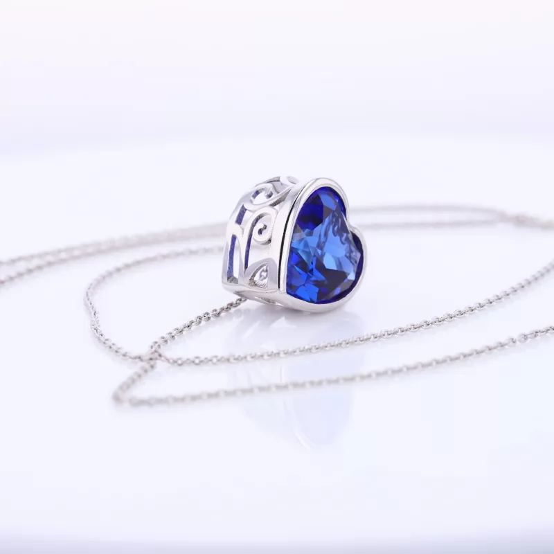 12×12mm Heart Cut Lab Grown Sapphire Bezel Set S925 Sterling Silver Diamond Pendant Necklace