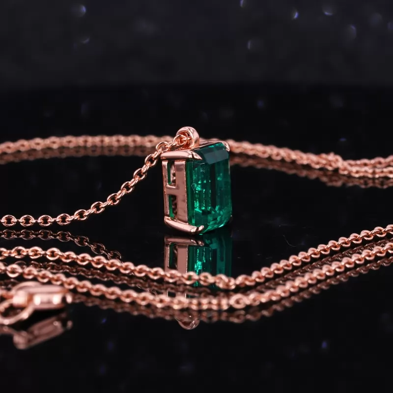 Octagon Emerald Cut Lab Grown Emerald 18K Rose Gold Diamond Pendant Necklace