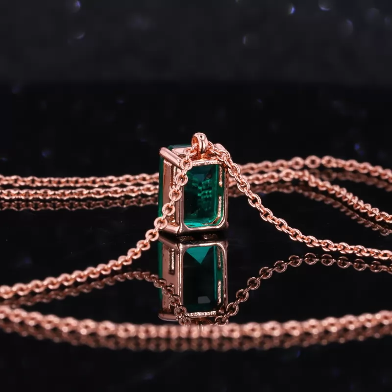 Octagon Emerald Cut Lab Grown Emerald 18K Rose Gold Diamond Pendant Necklace