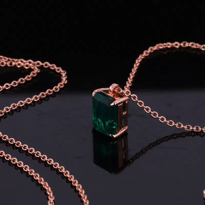 Octagon Emerald Cut Lab Grown Emerald 18K Rose Gold Diamond Pendant Necklace