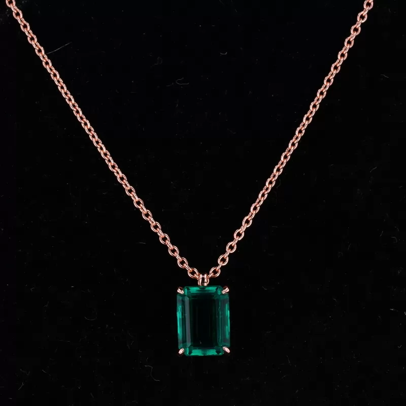 Octagon Emerald Cut Lab Grown Emerald 18K Rose Gold Diamond Pendant Necklace