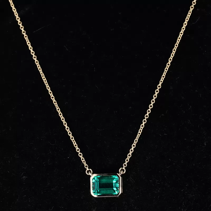 6×8mm Octagon Emerald Cut Lab Grown Emerald Bezel Set 14K Yellow Gold Diamond Pendant Necklace