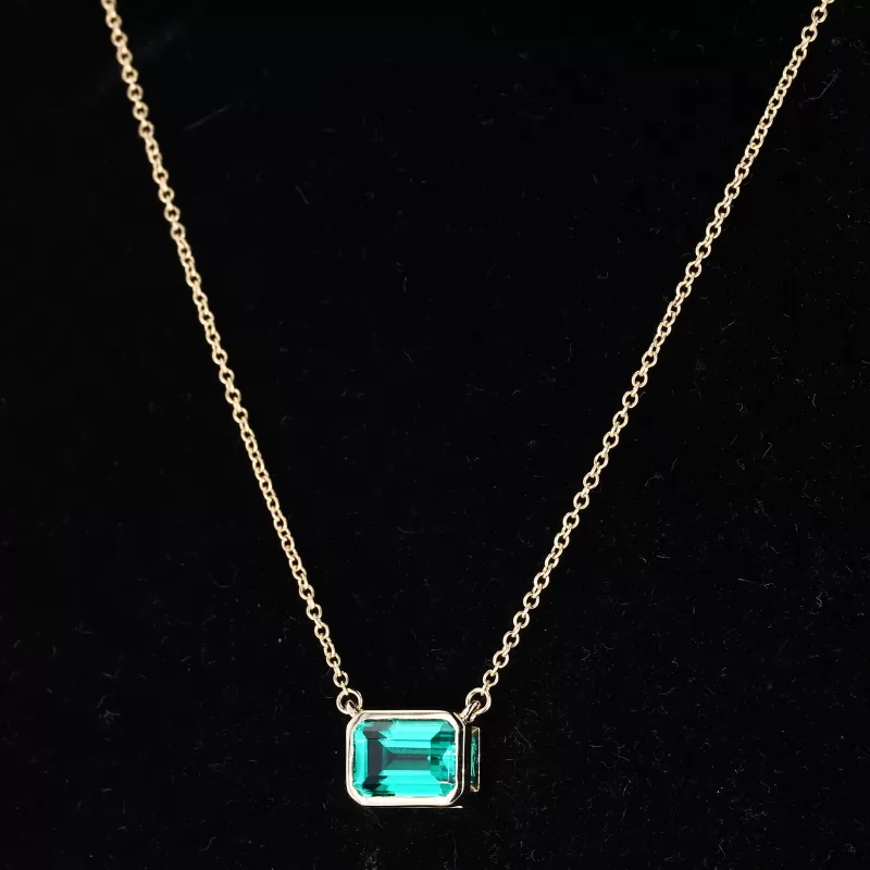 6×8mm Octagon Emerald Cut Lab Grown Emerald Bezel Set 14K Yellow Gold Diamond Pendant Necklace