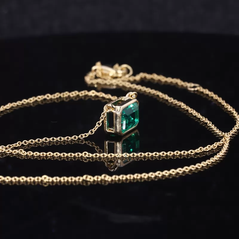 6×8mm Octagon Emerald Cut Lab Grown Emerald Bezel Set 14K Yellow Gold Diamond Pendant Necklace