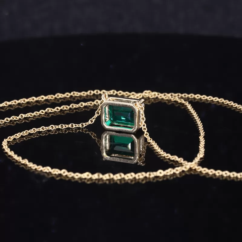 6×8mm Octagon Emerald Cut Lab Grown Emerald Bezel Set 14K Yellow Gold Diamond Pendant Necklace