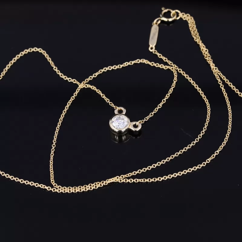 Round Brilliant Cut Moissanite Bezel Set 14K Yellow Gold Diamond Pendant Necklace