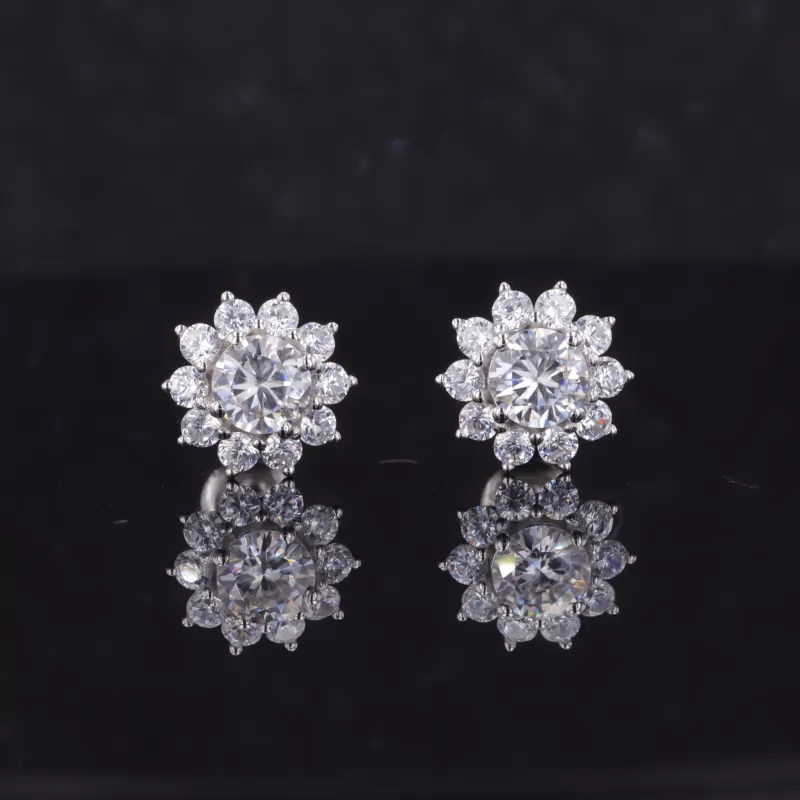 5mm Round Brilliant Cut Moissanite Halo Set S925 Sterling Silver Diamond Stud Earrings